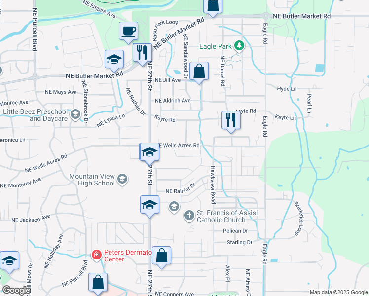 map of restaurants, bars, coffee shops, grocery stores, and more near 2850 Northeast 27th Street in Bend
