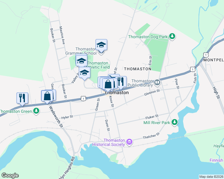 map of restaurants, bars, coffee shops, grocery stores, and more near 173 Main Street in Thomaston