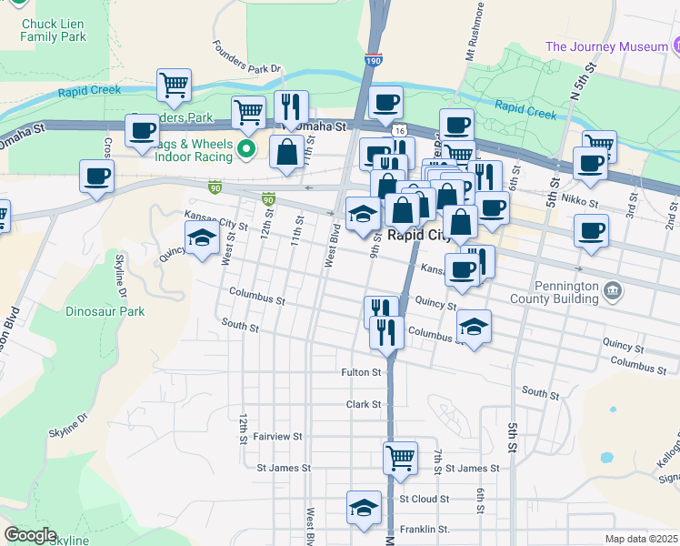 map of restaurants, bars, coffee shops, grocery stores, and more near 924 Quincy Street in Rapid City
