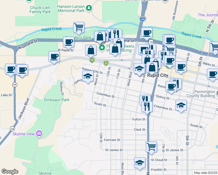 map of restaurants, bars, coffee shops, grocery stores, and more near 809 11th Street in Rapid City