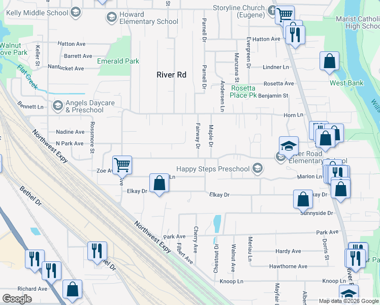 map of restaurants, bars, coffee shops, grocery stores, and more near 1057 West Hilliard Lane in Eugene