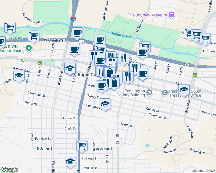 map of restaurants, bars, coffee shops, grocery stores, and more near 604 Kansas City Street in Rapid City