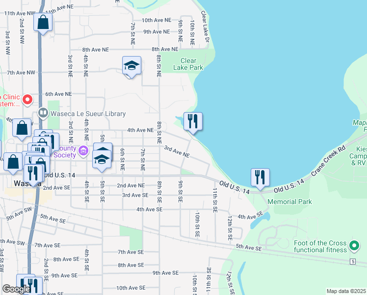 map of restaurants, bars, coffee shops, grocery stores, and more near 831 3rd Avenue Northeast in Waseca