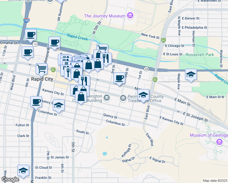 map of restaurants, bars, coffee shops, grocery stores, and more near 218 Interstate 90 Business Loop in Rapid City