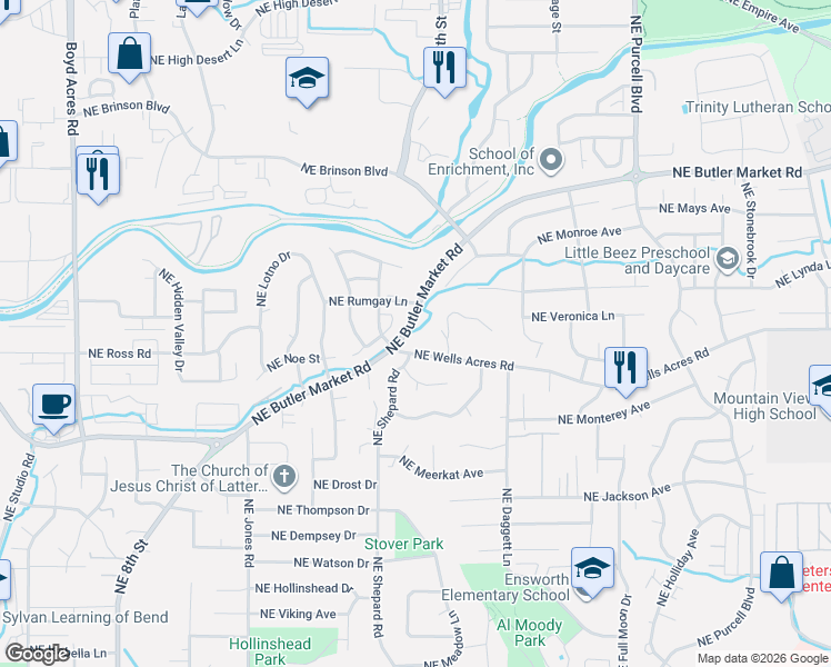 map of restaurants, bars, coffee shops, grocery stores, and more near 1598 Northeast Wells Acres Road in Bend