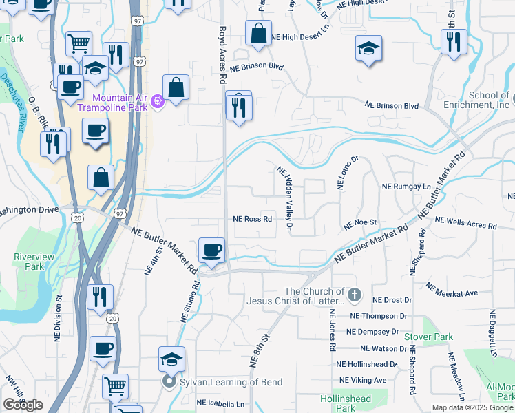 map of restaurants, bars, coffee shops, grocery stores, and more near 800 Northeast Ross Road in Bend
