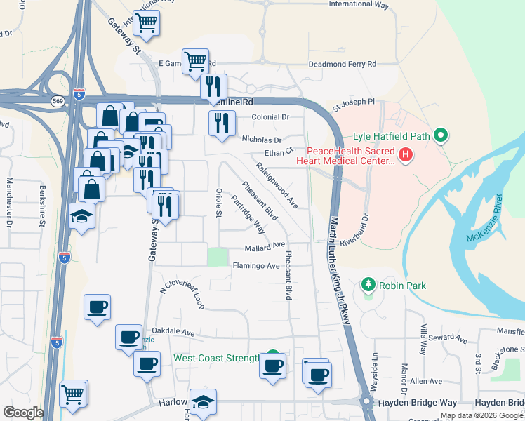 map of restaurants, bars, coffee shops, grocery stores, and more near 3175 Partridge Way in Springfield