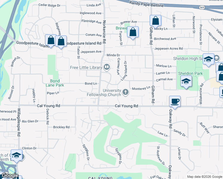 map of restaurants, bars, coffee shops, grocery stores, and more near 1575 Larkspur Loop in Eugene