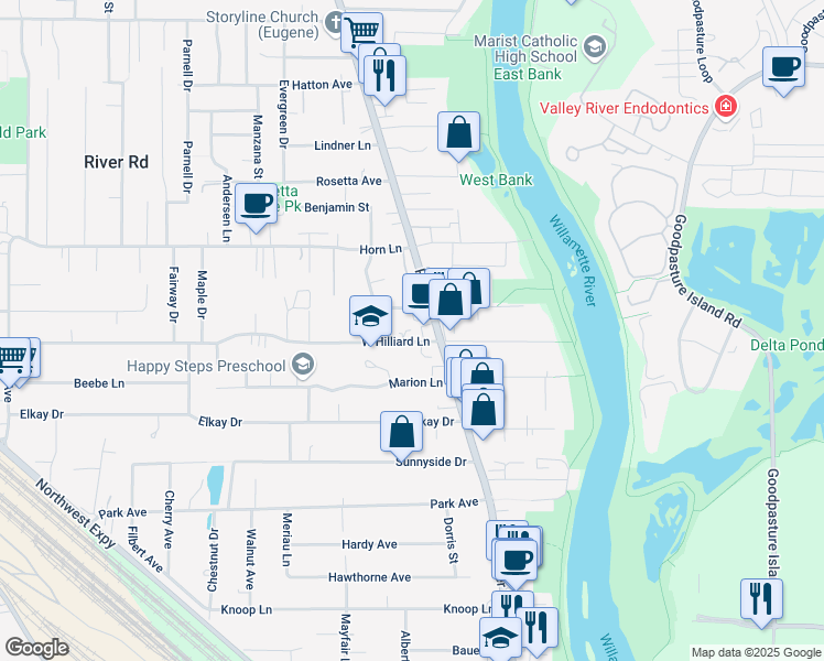 map of restaurants, bars, coffee shops, grocery stores, and more near in Lane County