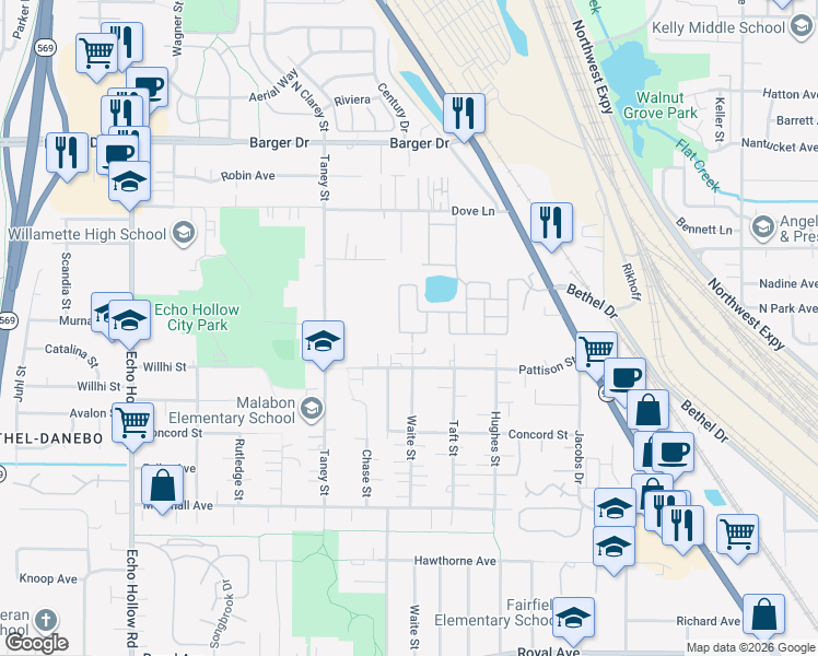 map of restaurants, bars, coffee shops, grocery stores, and more near 1800 Lakewood Court in Eugene