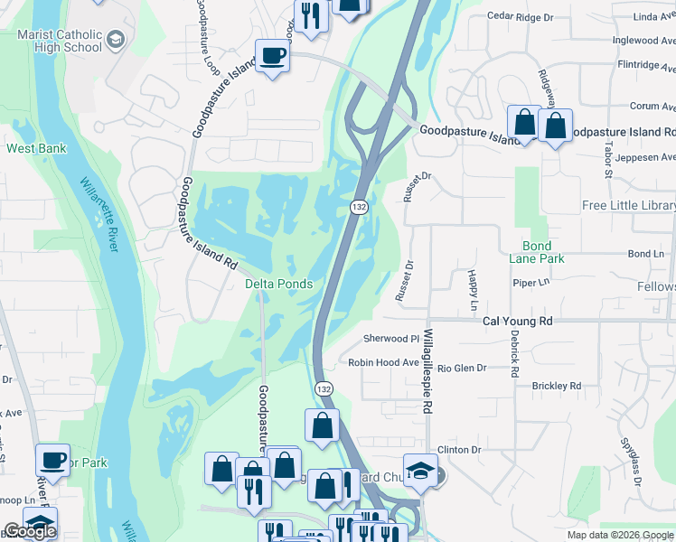 map of restaurants, bars, coffee shops, grocery stores, and more near Delta Highway in Eugene