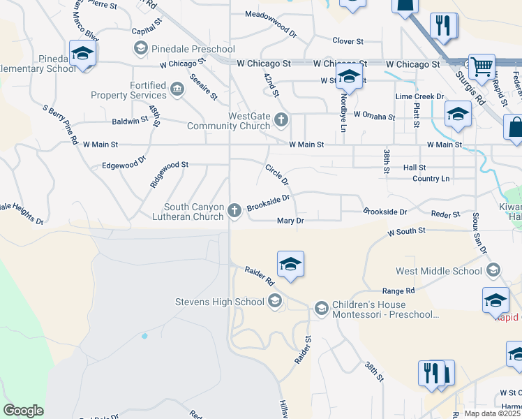 map of restaurants, bars, coffee shops, grocery stores, and more near 4237 Brookside Drive in Rapid City