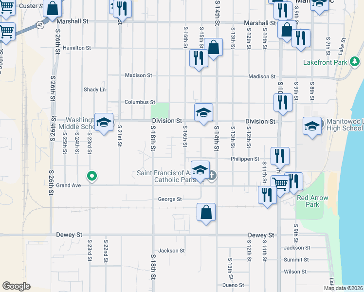 map of restaurants, bars, coffee shops, grocery stores, and more near 1627 South 16th Street in Manitowoc