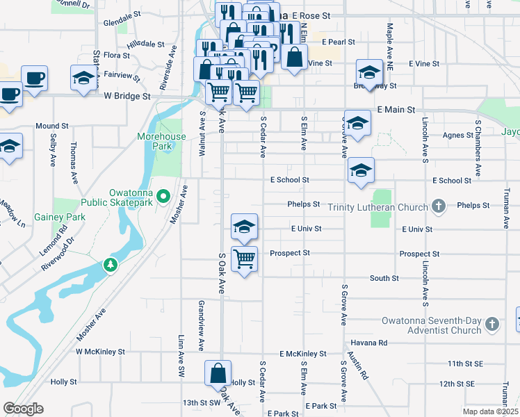 map of restaurants, bars, coffee shops, grocery stores, and more near 618 South Cedar Avenue in Owatonna