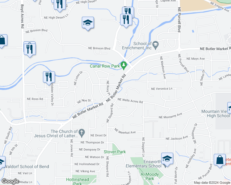 map of restaurants, bars, coffee shops, grocery stores, and more near 1546 Northeast Butler Market Road in Bend