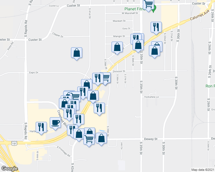 map of restaurants, bars, coffee shops, grocery stores, and more near 1542 South 39th Street in Manitowoc