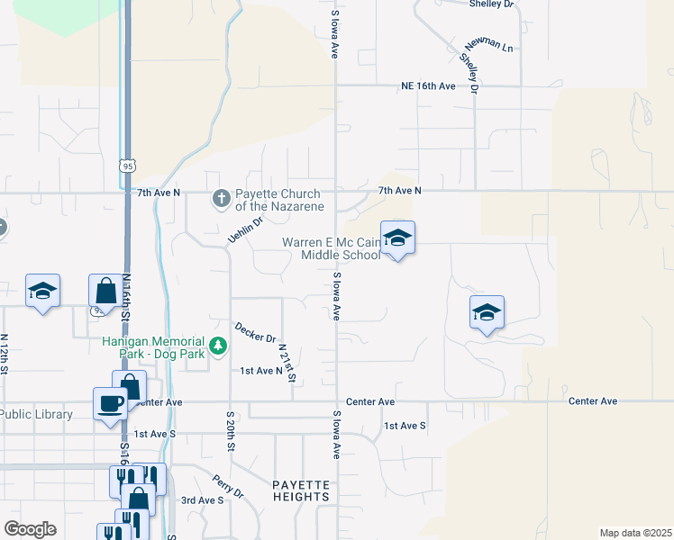 map of restaurants, bars, coffee shops, grocery stores, and more near 400 North Iowa Avenue in Payette