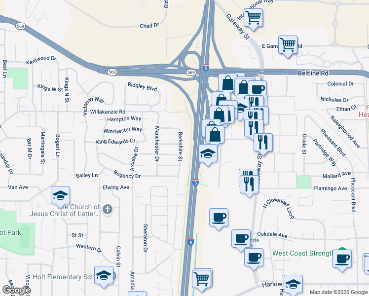 map of restaurants, bars, coffee shops, grocery stores, and more near 3699 Berkshire Street in Eugene