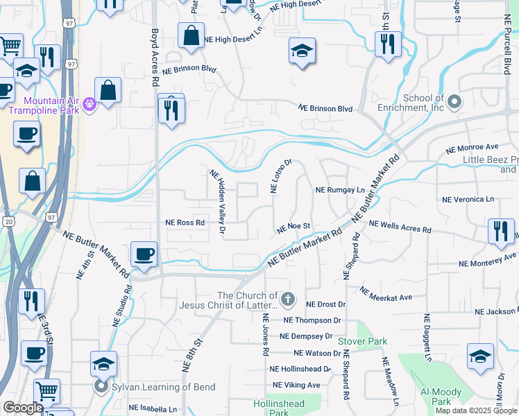 map of restaurants, bars, coffee shops, grocery stores, and more near 2825 Northeast Lotno Drive in Bend