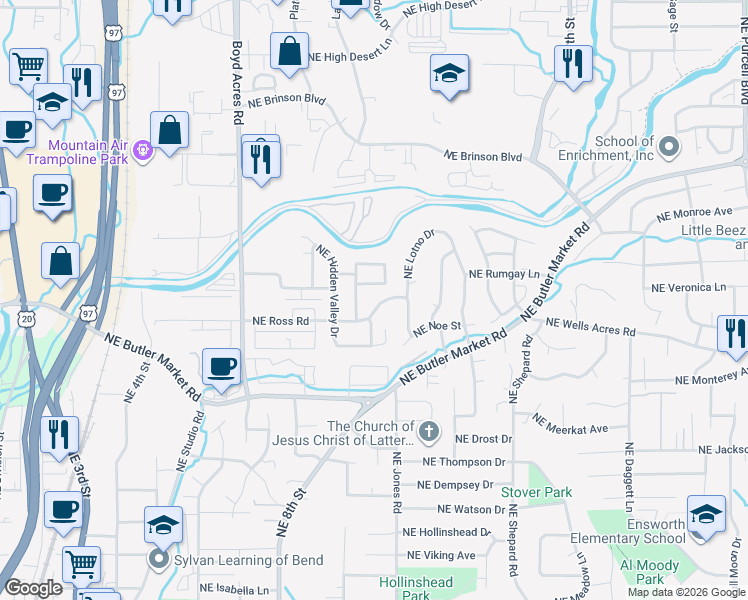 map of restaurants, bars, coffee shops, grocery stores, and more near 1006 Northeast Ross Road in Bend