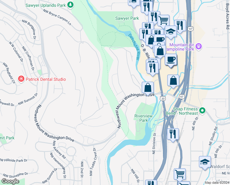 map of restaurants, bars, coffee shops, grocery stores, and more near 3231 Northwest Sawyer Trail Place in Bend