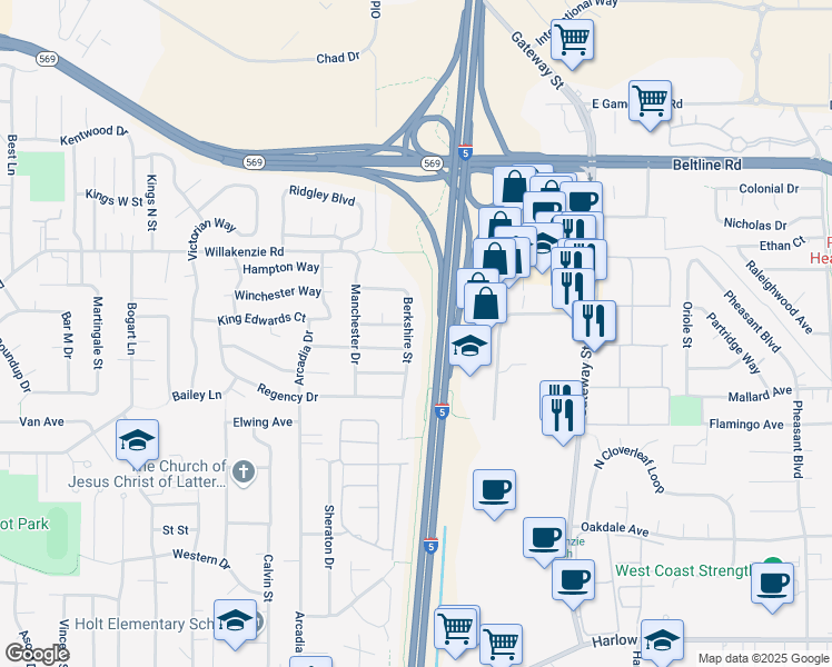 map of restaurants, bars, coffee shops, grocery stores, and more near 3699 Berkshire Street in Eugene