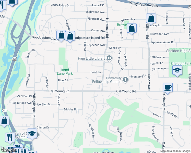 map of restaurants, bars, coffee shops, grocery stores, and more near 1515 Farm House Drive in Eugene
