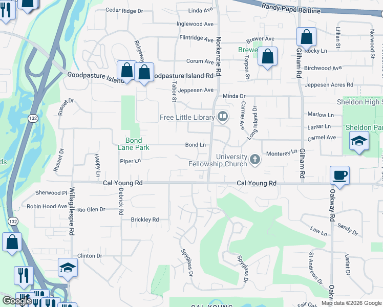 map of restaurants, bars, coffee shops, grocery stores, and more near 1515 Farm House Drive in Eugene
