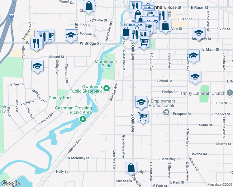 map of restaurants, bars, coffee shops, grocery stores, and more near 625 Linn Avenue Southwest in Owatonna