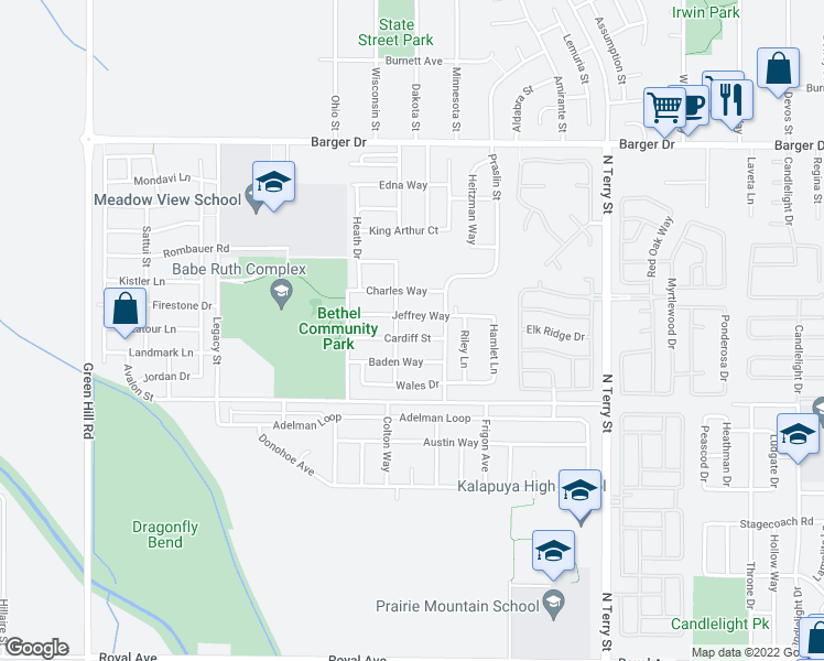 map of restaurants, bars, coffee shops, grocery stores, and more near 5475 Cardiff Street in Eugene