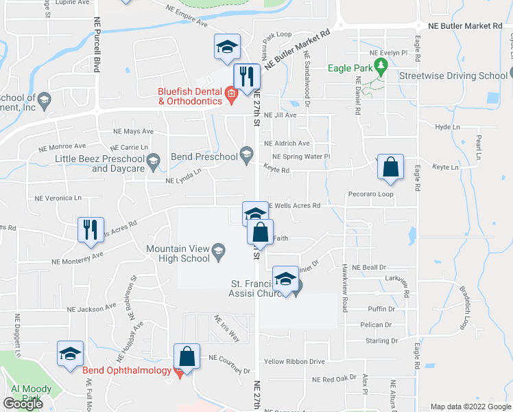 map of restaurants, bars, coffee shops, grocery stores, and more near NE 27th St & NE Wells Acres Rd in Bend
