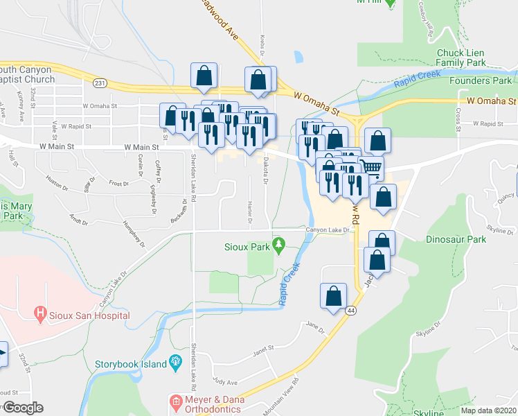 map of restaurants, bars, coffee shops, grocery stores, and more near 715 Dakota Drive in Rapid City