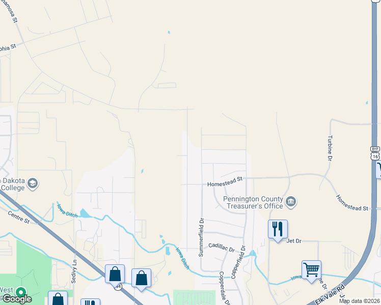 map of restaurants, bars, coffee shops, grocery stores, and more near 815 Summerfield Drive in Rapid City