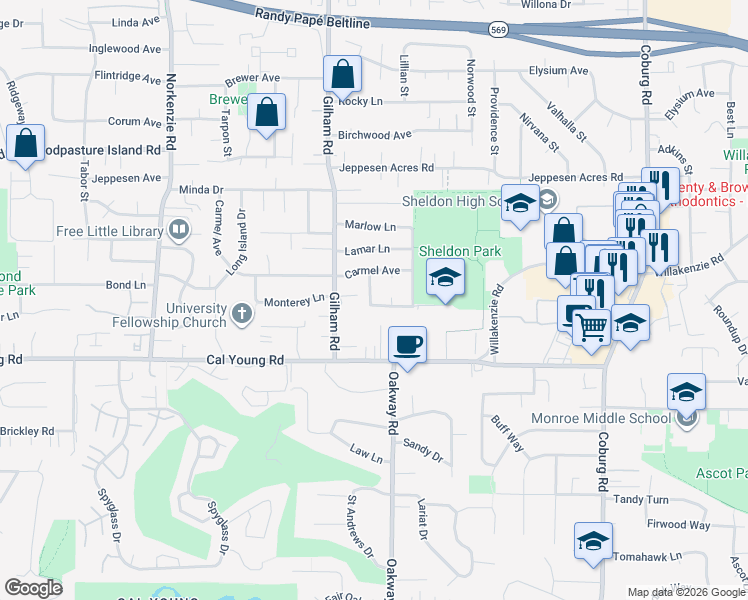 map of restaurants, bars, coffee shops, grocery stores, and more near 1605 Carlton Street in Eugene