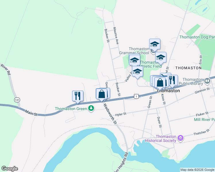 map of restaurants, bars, coffee shops, grocery stores, and more near 17 Georges Street in Thomaston