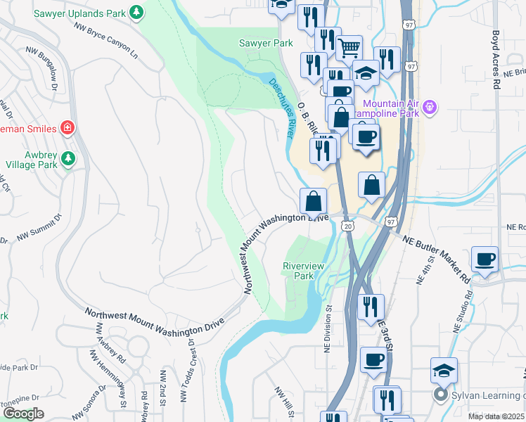 map of restaurants, bars, coffee shops, grocery stores, and more near 3002 Northwest Clubhouse Drive in Bend