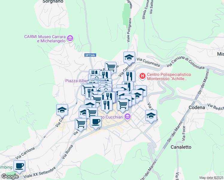 map of restaurants, bars, coffee shops, grocery stores, and more near 24A Via dell'Arancio in Carrara