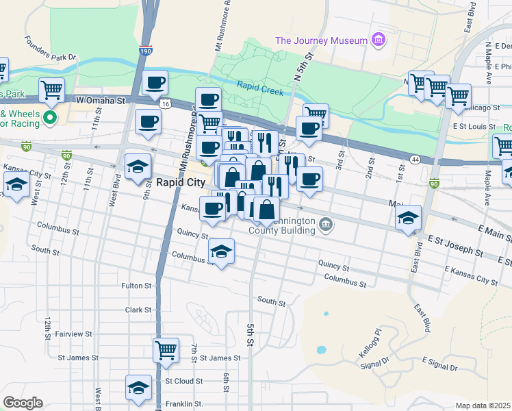 map of restaurants, bars, coffee shops, grocery stores, and more near 528 6th Street in Rapid City