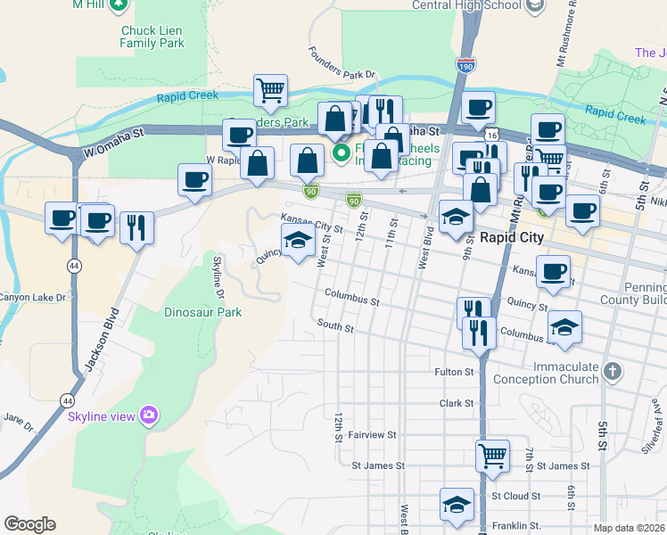 map of restaurants, bars, coffee shops, grocery stores, and more near 811 12th Street in Rapid City