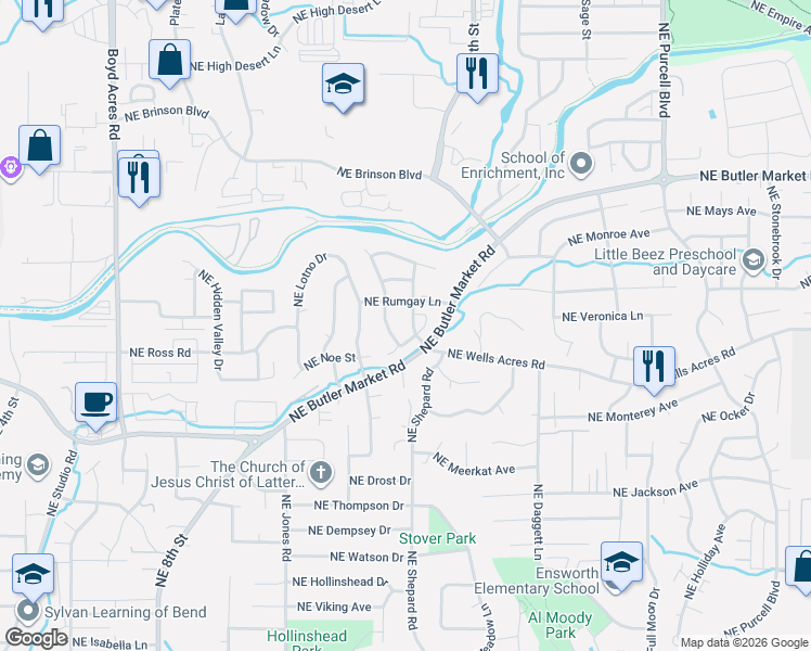 map of restaurants, bars, coffee shops, grocery stores, and more near 2931 Northeast Quiet Canyon Drive in Bend