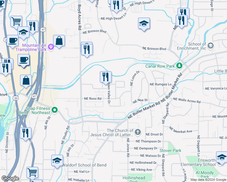 map of restaurants, bars, coffee shops, grocery stores, and more near 899 Northeast Hidden Valley Drive in Bend