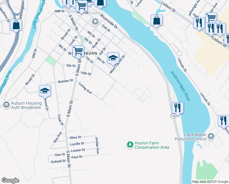 map of restaurants, bars, coffee shops, grocery stores, and more near 29 Huston Avenue in Auburn