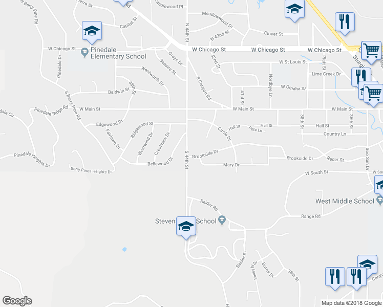 map of restaurants, bars, coffee shops, grocery stores, and more near 4334 Brookside Drive in Rapid City