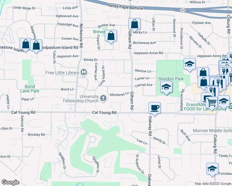 map of restaurants, bars, coffee shops, grocery stores, and more near 1971 Monterey Lane in Eugene