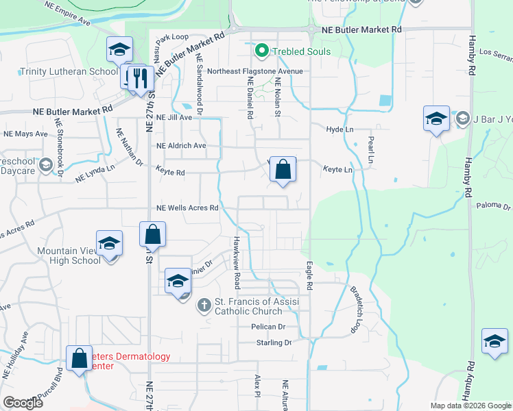 map of restaurants, bars, coffee shops, grocery stores, and more near 3088 Northeast Wells Acres Road in Bend