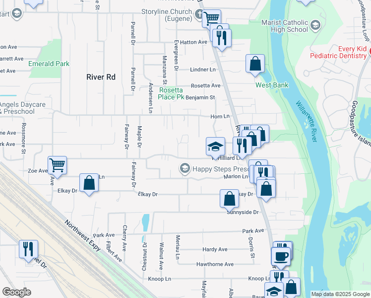 map of restaurants, bars, coffee shops, grocery stores, and more near 1120 Lund Drive in Eugene
