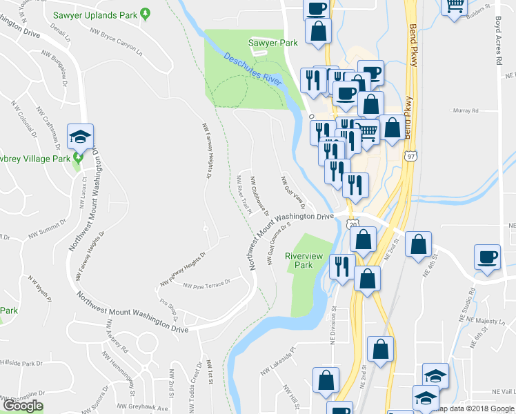 map of restaurants, bars, coffee shops, grocery stores, and more near 3025 Northwest Clubhouse Drive in Bend
