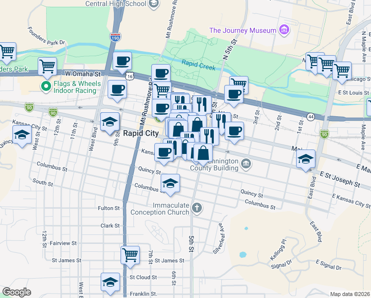 map of restaurants, bars, coffee shops, grocery stores, and more near 612 6th Street in Rapid City