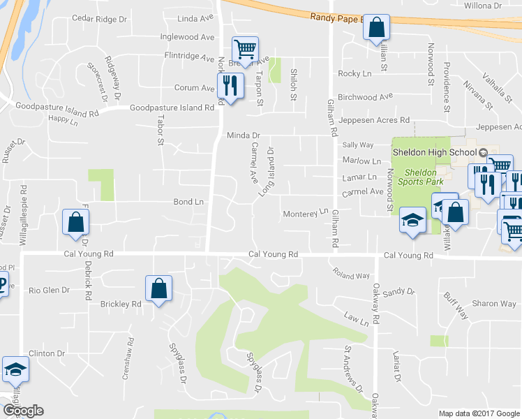 map of restaurants, bars, coffee shops, grocery stores, and more near 1591 Long Island Drive in Eugene