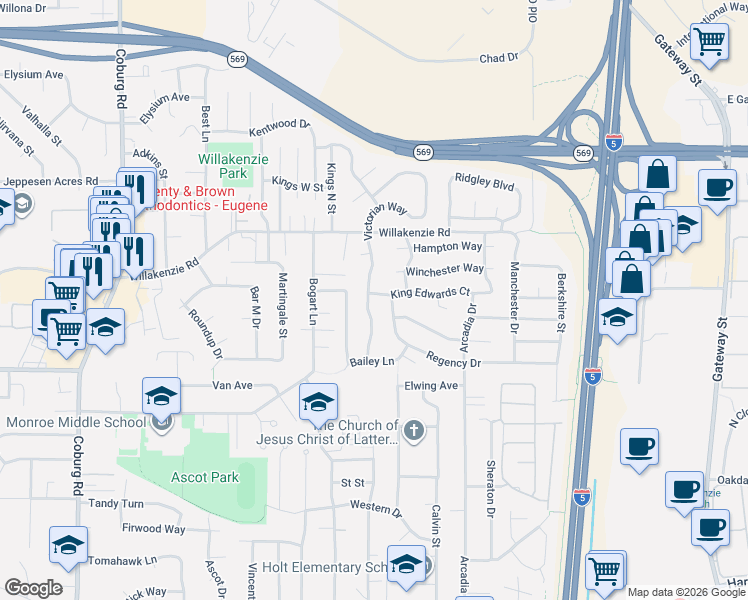 map of restaurants, bars, coffee shops, grocery stores, and more near 1414 Victorian Way in Eugene